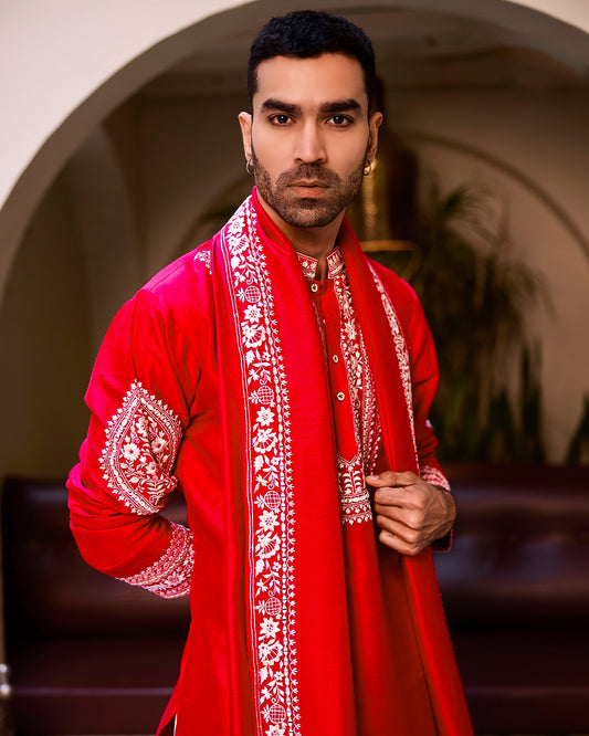 HOT RED HEAVY JARI EMBROIDERED WORK KURTA PAJAMA AND DUPATTA SET FOR MEN'S