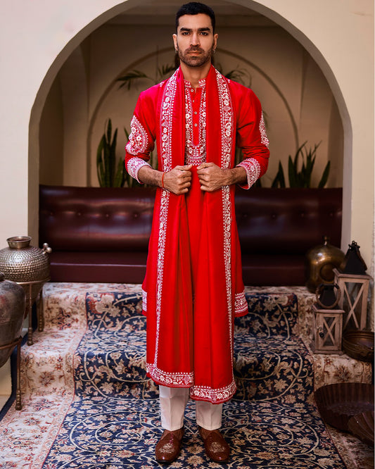 HOT RED HEAVY JARI EMBROIDERED WORK KURTA PAJAMA AND DUPATTA SET FOR MEN'S