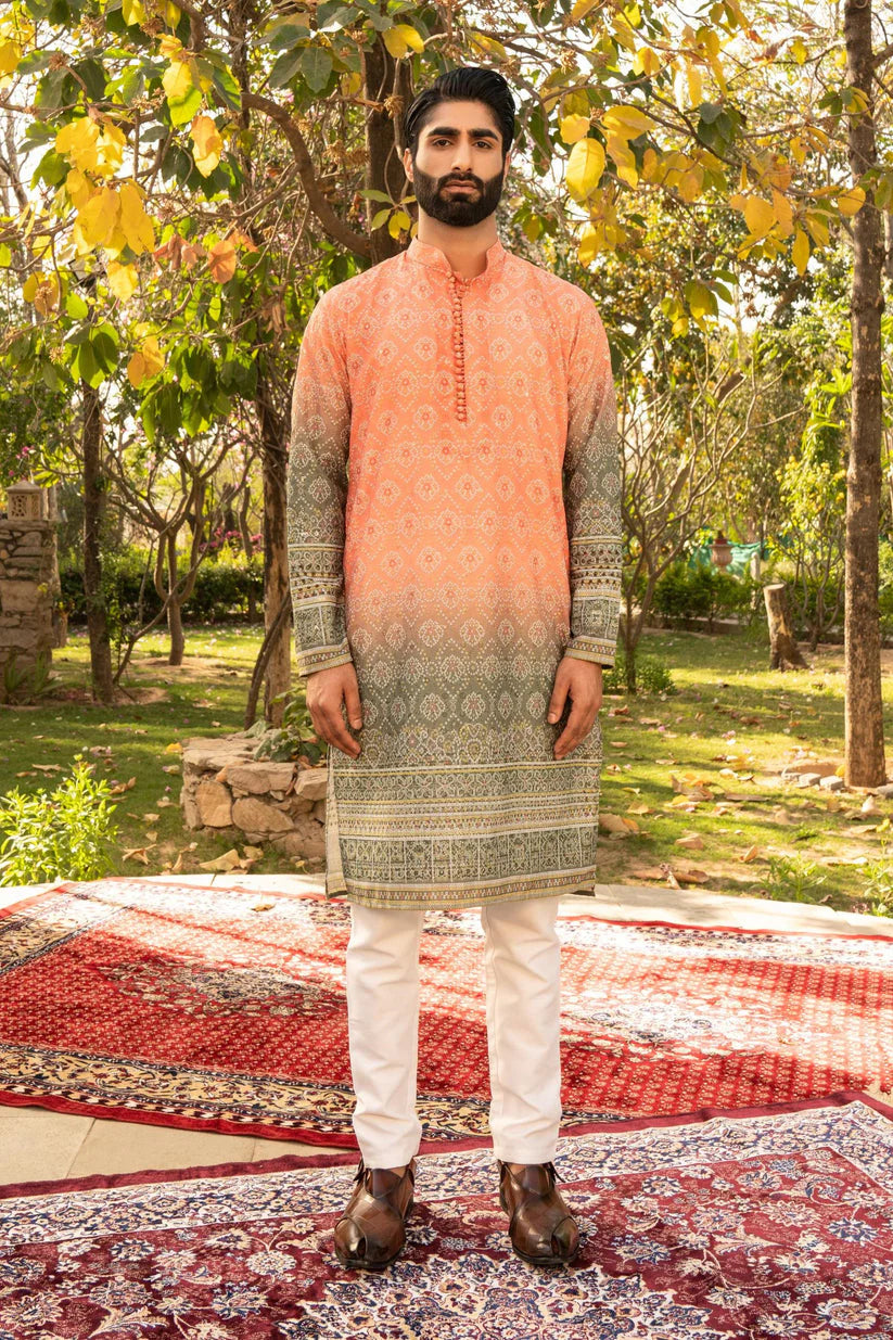 ORANGE&GREEN BADHANI PRINTED KURTA WITH PAJAMA FOR MEN's