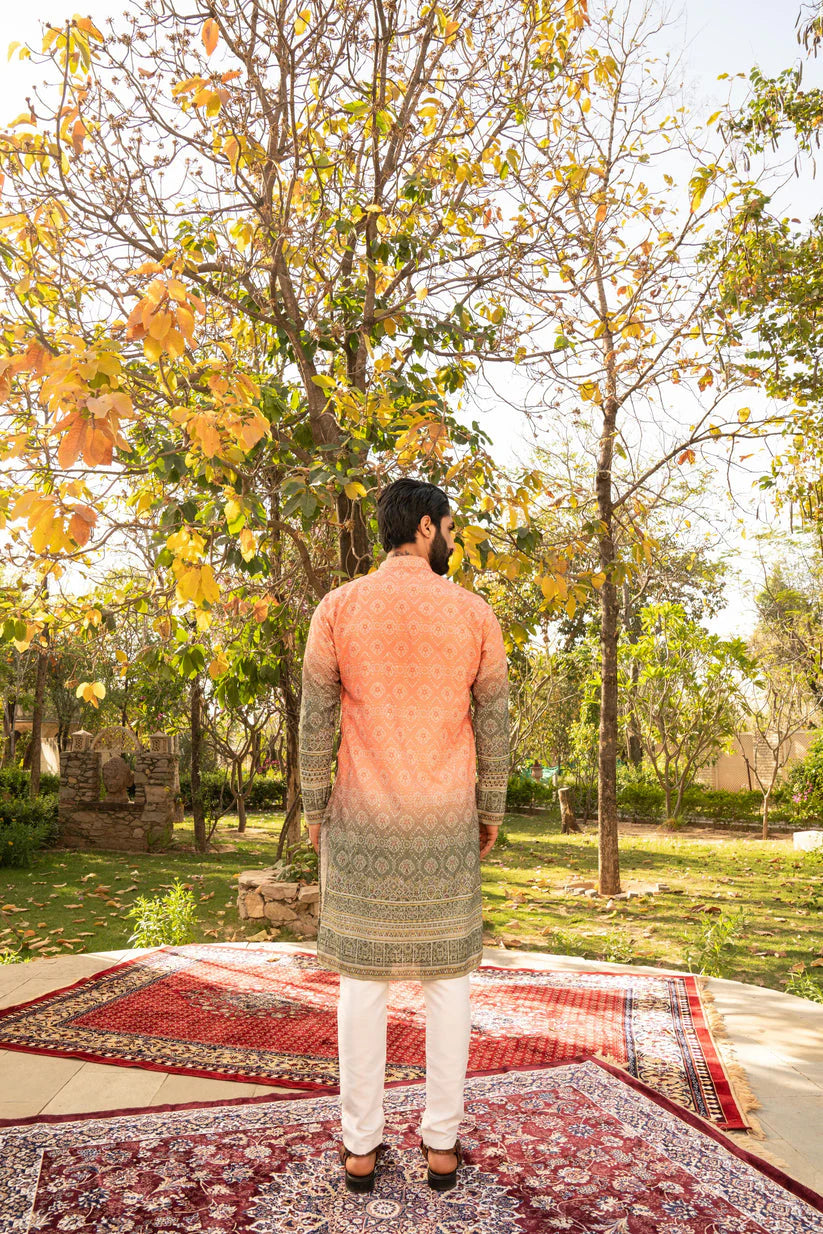 ORANGE&GREEN BADHANI PRINTED KURTA WITH PAJAMA FOR MEN's