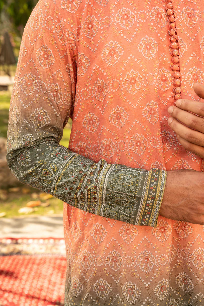 ORANGE&GREEN BADHANI PRINTED KURTA WITH PAJAMA FOR MEN's