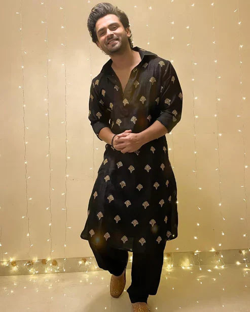 Black Sequence Embroidered Work Men's Kurta with Pajama