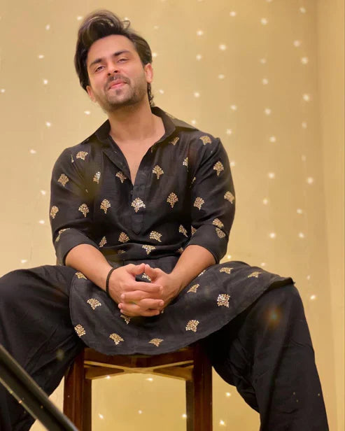 Black Sequence Embroidered Work Men's Kurta with Pajama