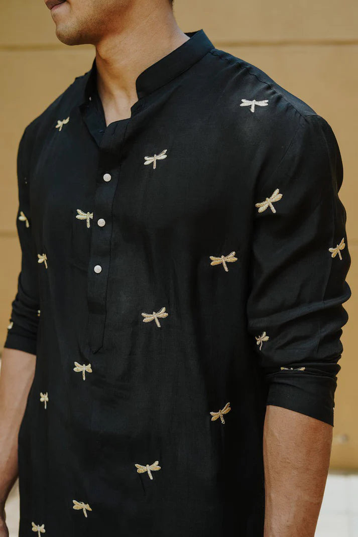 Black Dragon Fly Embroidered Work Men's Kurta with Pajama