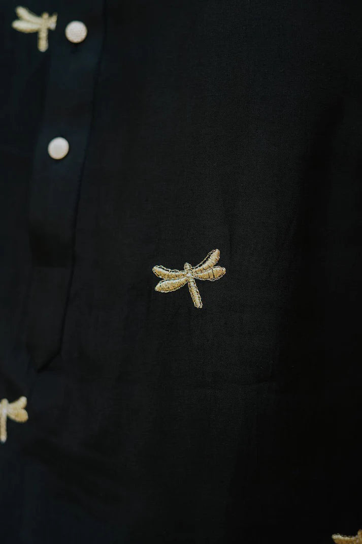 Black Dragon Fly Embroidered Work Men's Kurta with Pajama