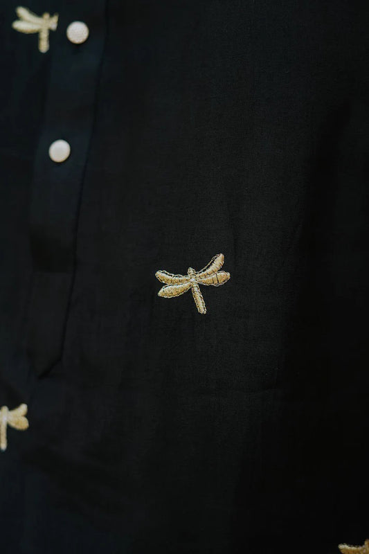 Black Dragon Fly Embroidered Work Men's Kurta with Pajama