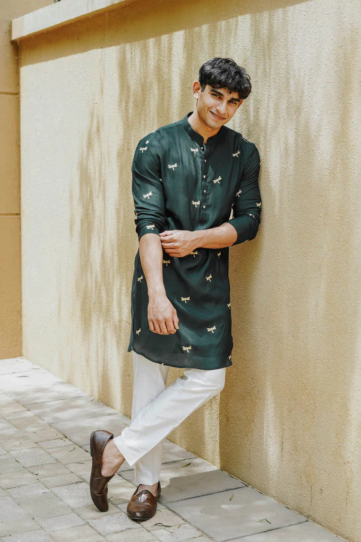 Green Dragon Fly Embroidered Work Men's Kurta with Pajama