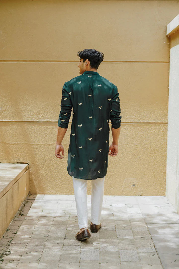 Green Dragon Fly Embroidered Work Men's Kurta with Pajama