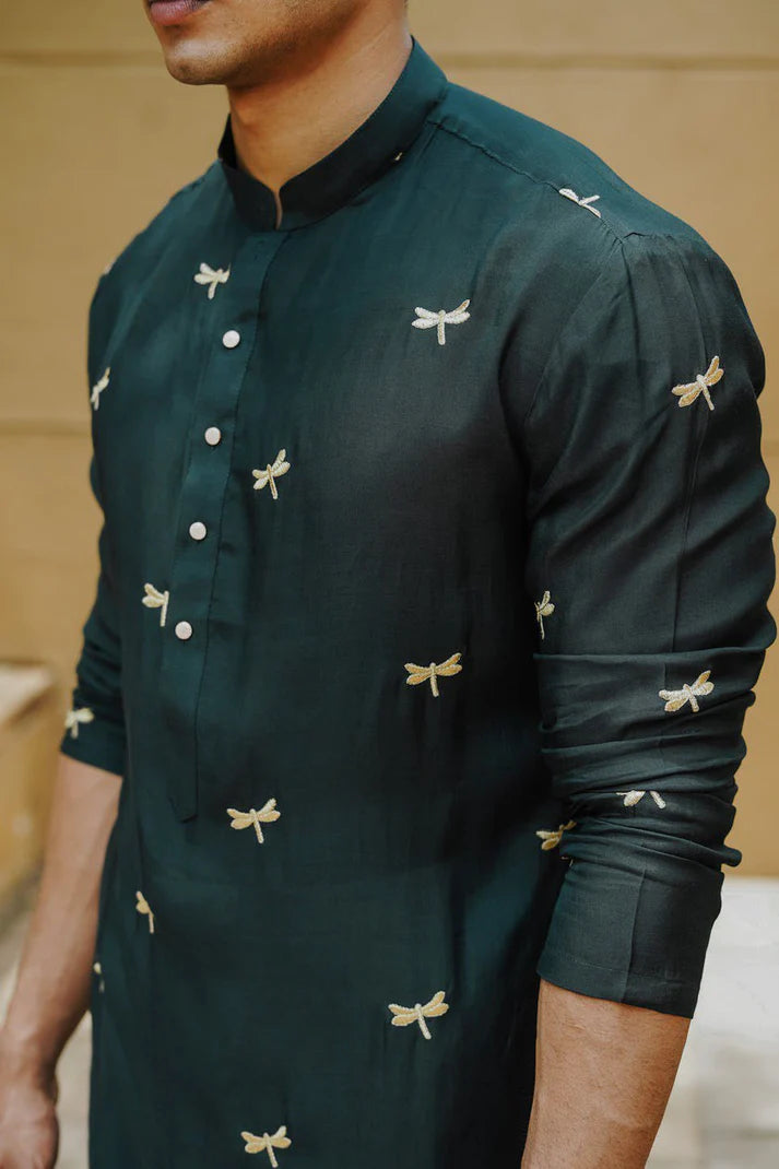 Green Dragon Fly Embroidered Work Men's Kurta with Pajama