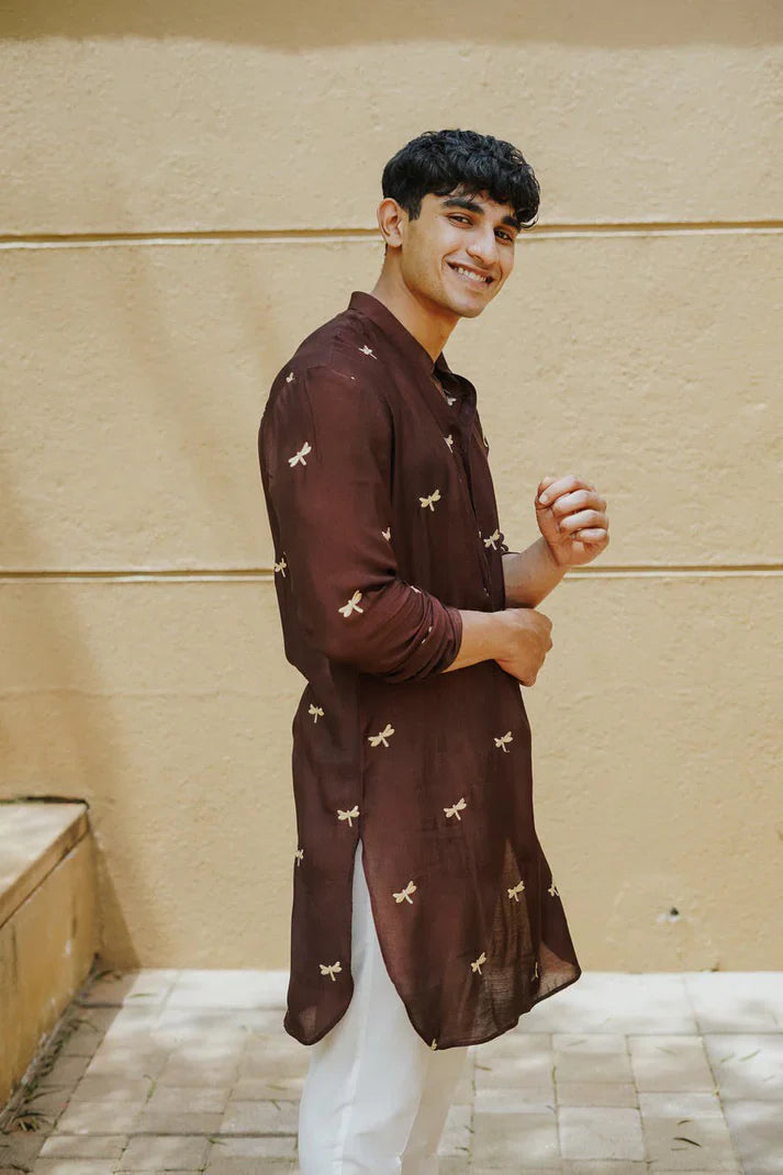 Brown Dragon Fly Embroidered Work Men's Kurta with Pajama