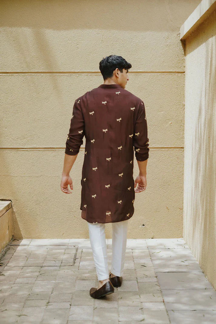 Brown Dragon Fly Embroidered Work Men's Kurta with Pajama