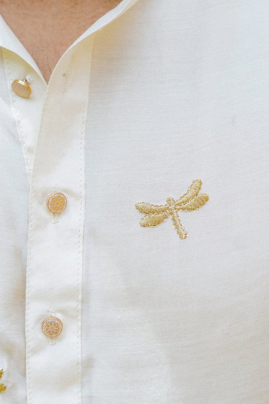 White Dragon Fly Embroidered Work Men's Kurta with Pajama