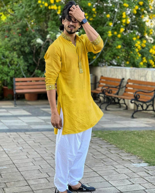 MUSTARD YELLOW  MIRROR EMBROIDERY KURTA AND PAJAMA