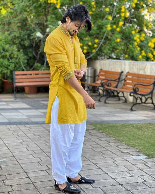 MUSTARD YELLOW  MIRROR EMBROIDERY KURTA AND PAJAMA