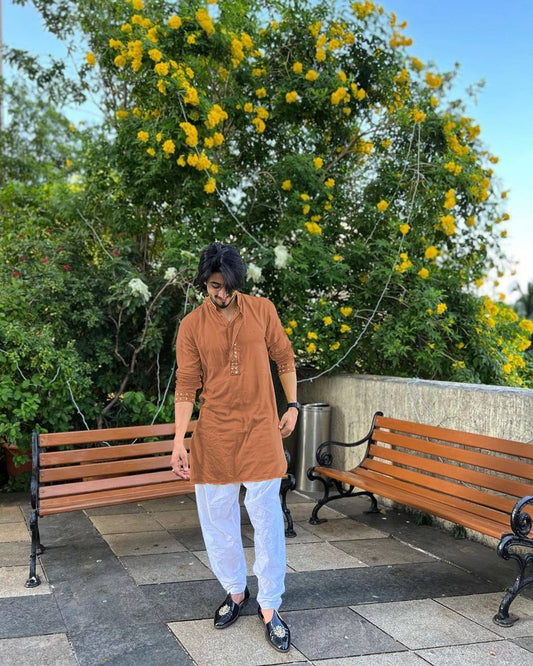 BROWN MIRROR EMBROIDERY KURTA AND PAJAMA