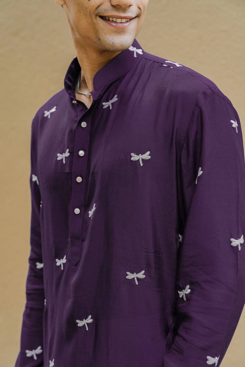 TRENDY PURPLE DRAGON FLY EMBROIDEREY WORK  KURTA WITH PAJAMA SET FOR MEN