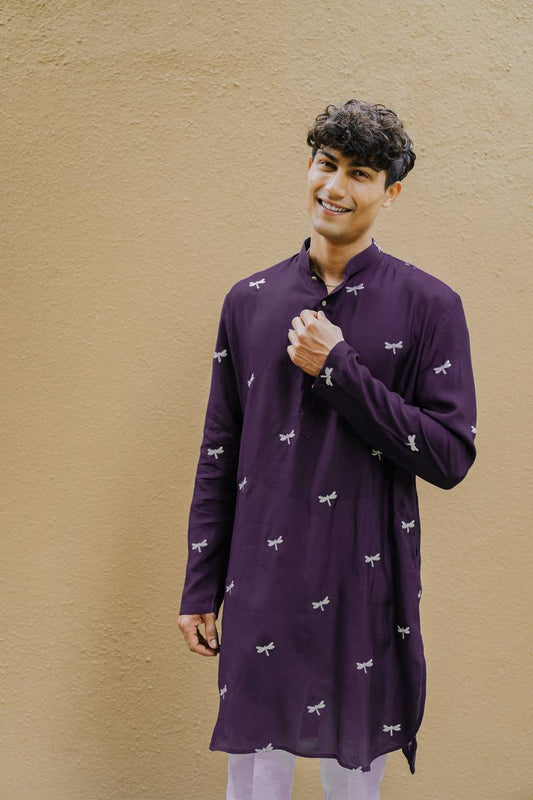 TRENDY PURPLE DRAGON FLY EMBROIDEREY WORK  KURTA WITH PAJAMA SET FOR MEN