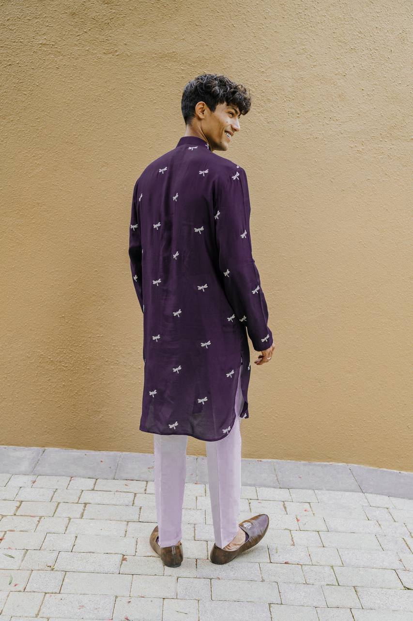 TRENDY PURPLE DRAGON FLY EMBROIDEREY WORK  KURTA WITH PAJAMA SET FOR MEN