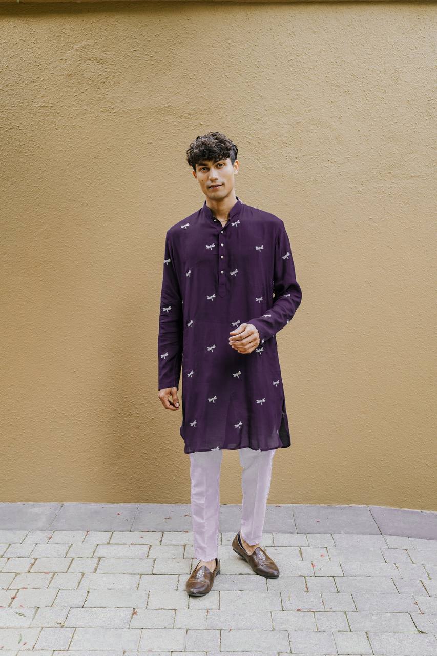 TRENDY PURPLE DRAGON FLY EMBROIDEREY WORK  KURTA WITH PAJAMA SET FOR MEN