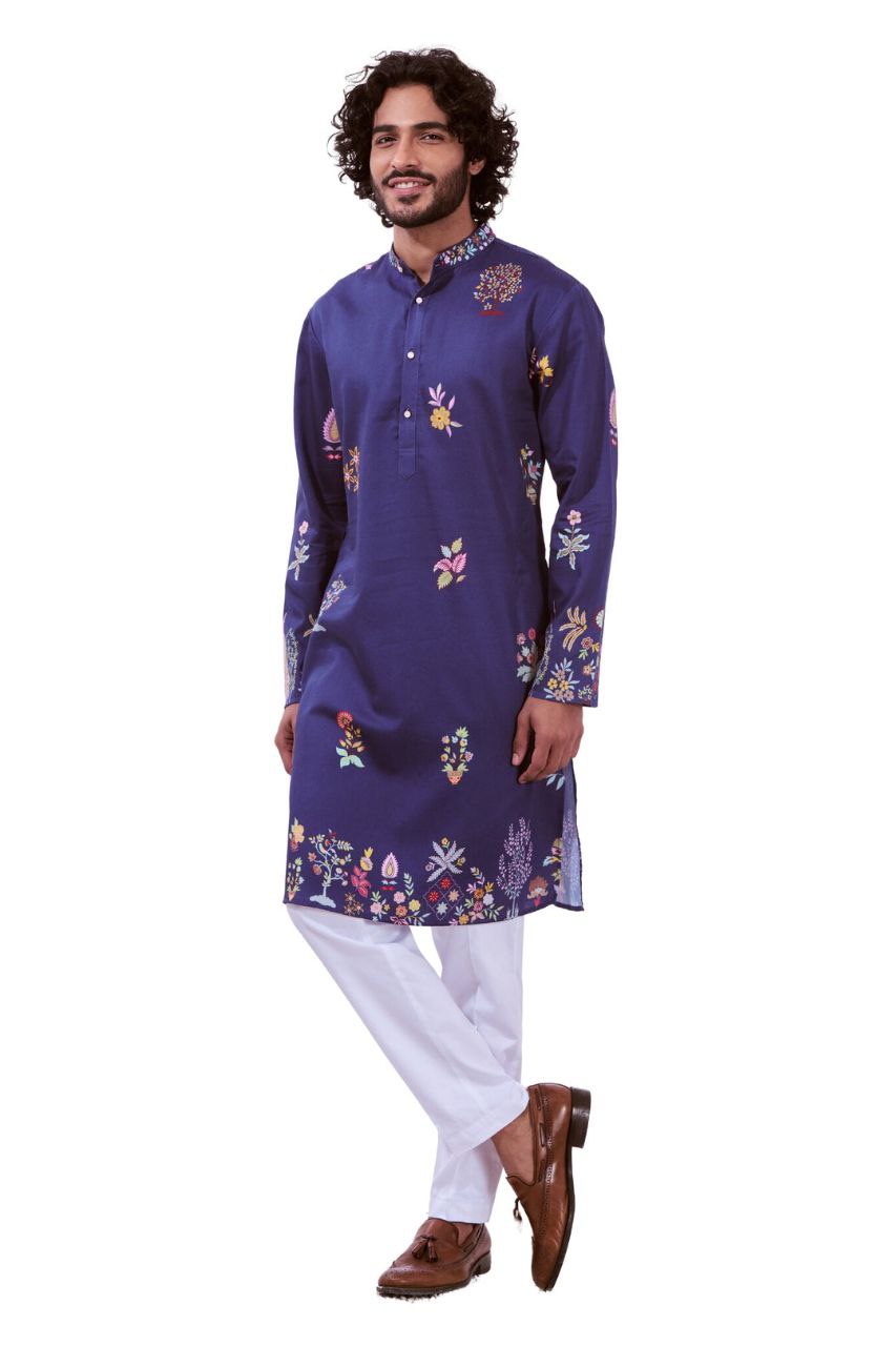 TRENDY NAVY MULTI NIZAM KALAMKARI PRINTED KURTA WITH PAJAMA SET FOR MEN