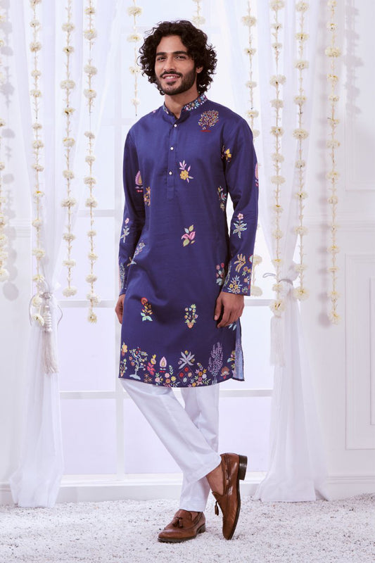 TRENDY NAVY MULTI NIZAM KALAMKARI PRINTED KURTA WITH PAJAMA SET FOR MEN