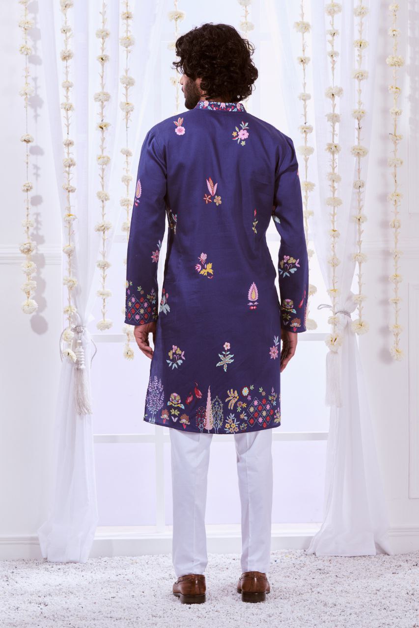 TRENDY NAVY MULTI NIZAM KALAMKARI PRINTED KURTA WITH PAJAMA SET FOR MEN