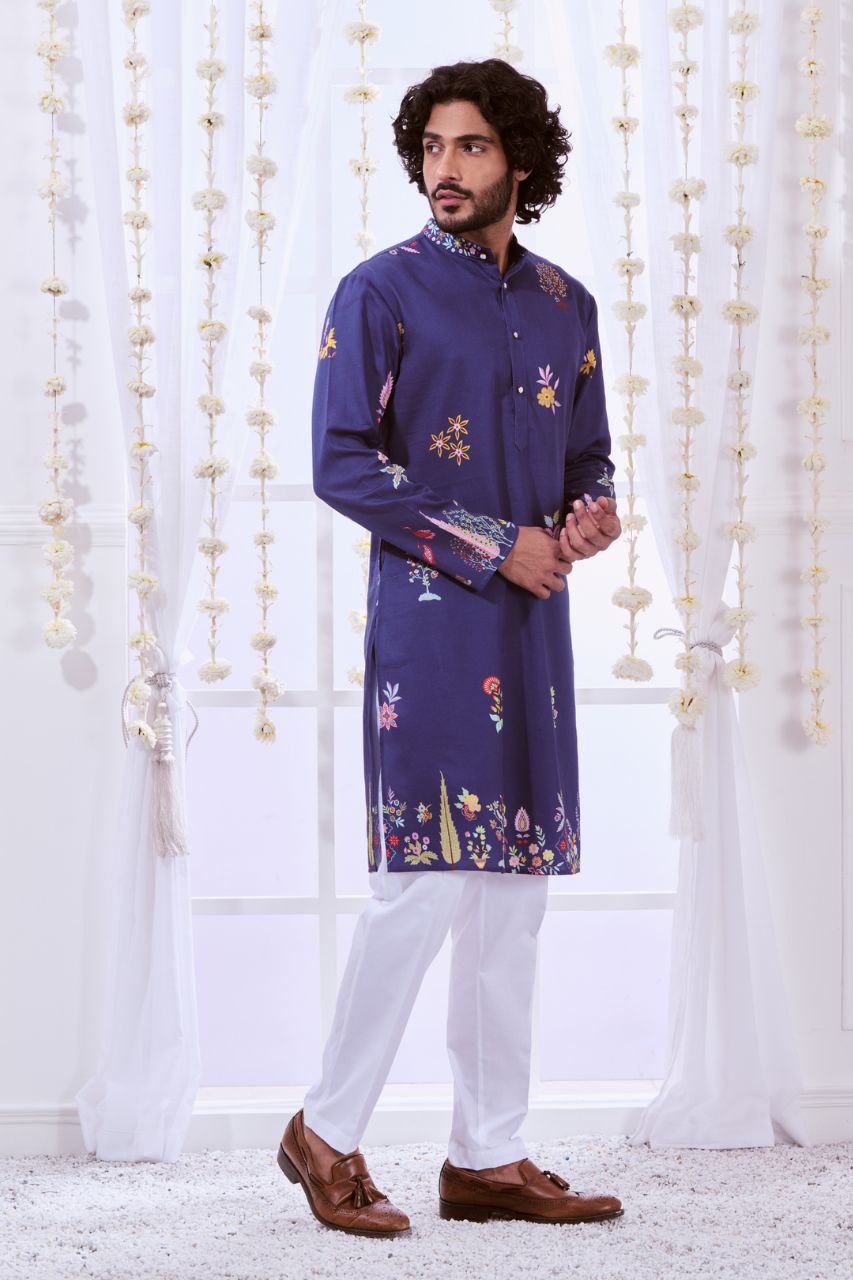 TRENDY NAVY MULTI NIZAM KALAMKARI PRINTED KURTA WITH PAJAMA SET FOR MEN