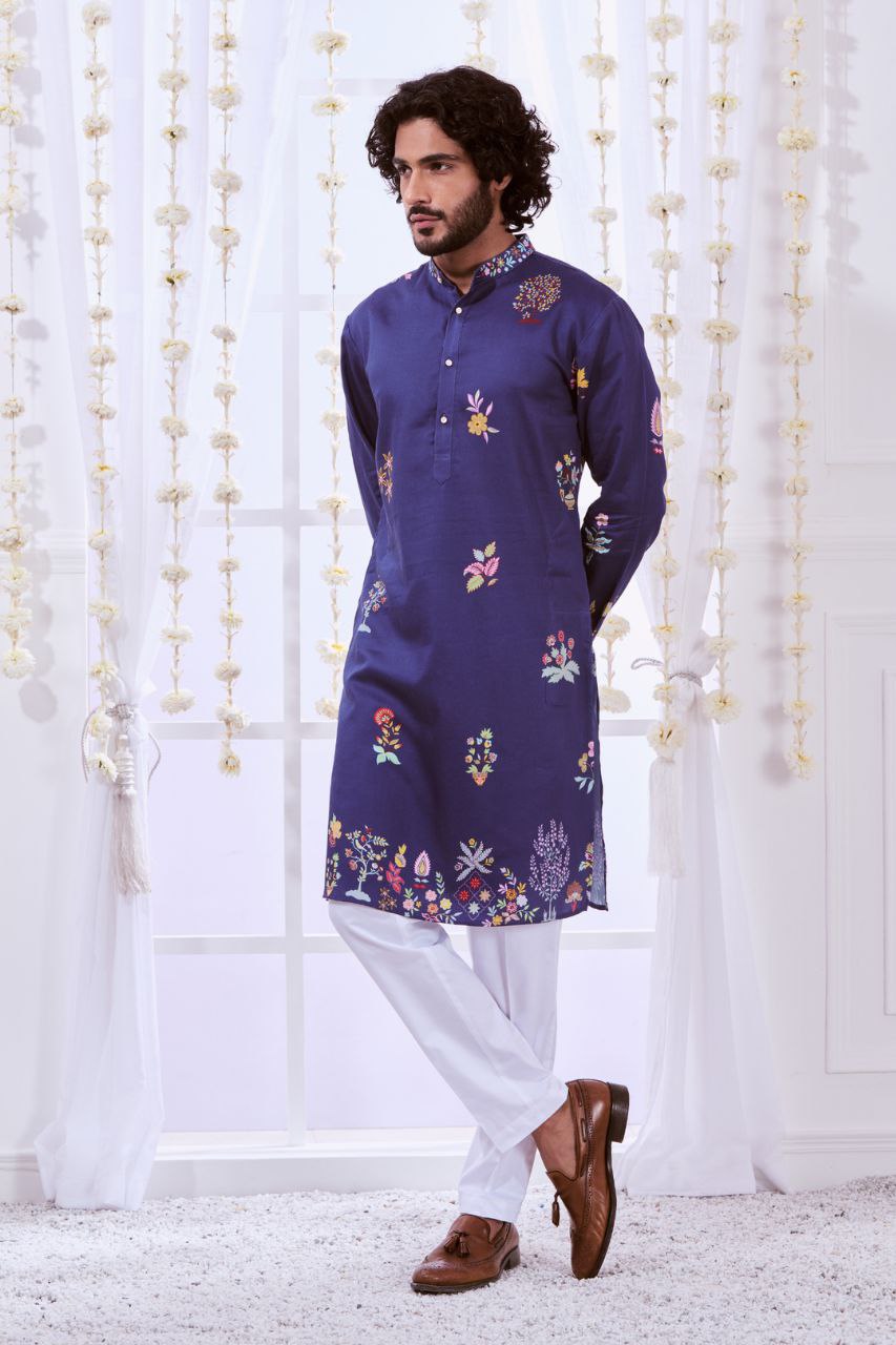 TRENDY NAVY MULTI NIZAM KALAMKARI PRINTED KURTA WITH PAJAMA SET FOR MEN