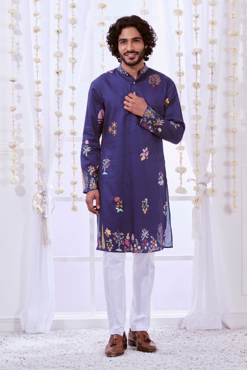 TRENDY NAVY MULTI NIZAM KALAMKARI PRINTED KURTA WITH PAJAMA SET FOR MEN