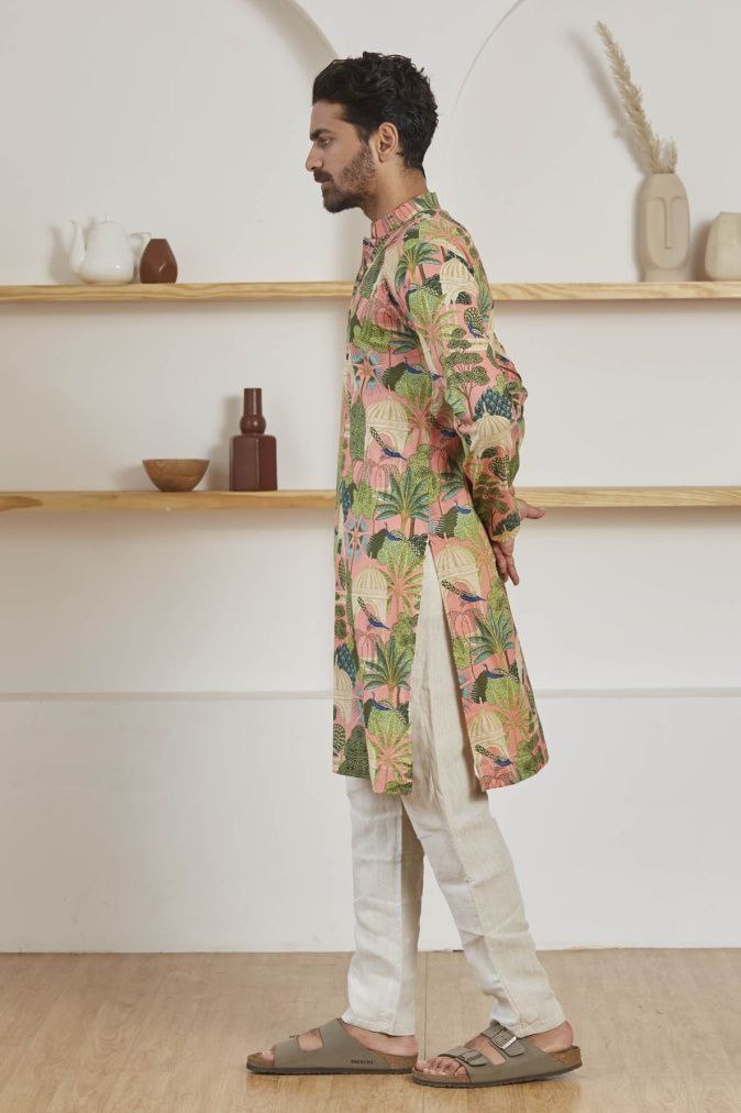 TRENDY PINK WOVEN MUGHAL GARDEN AND BIRD PRINTED KURTA WITH PAJAMA SET FOR MEN