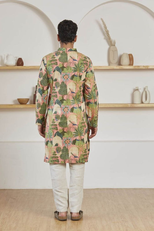 TRENDY PINK WOVEN MUGHAL GARDEN AND BIRD PRINTED KURTA WITH PAJAMA SET FOR MEN