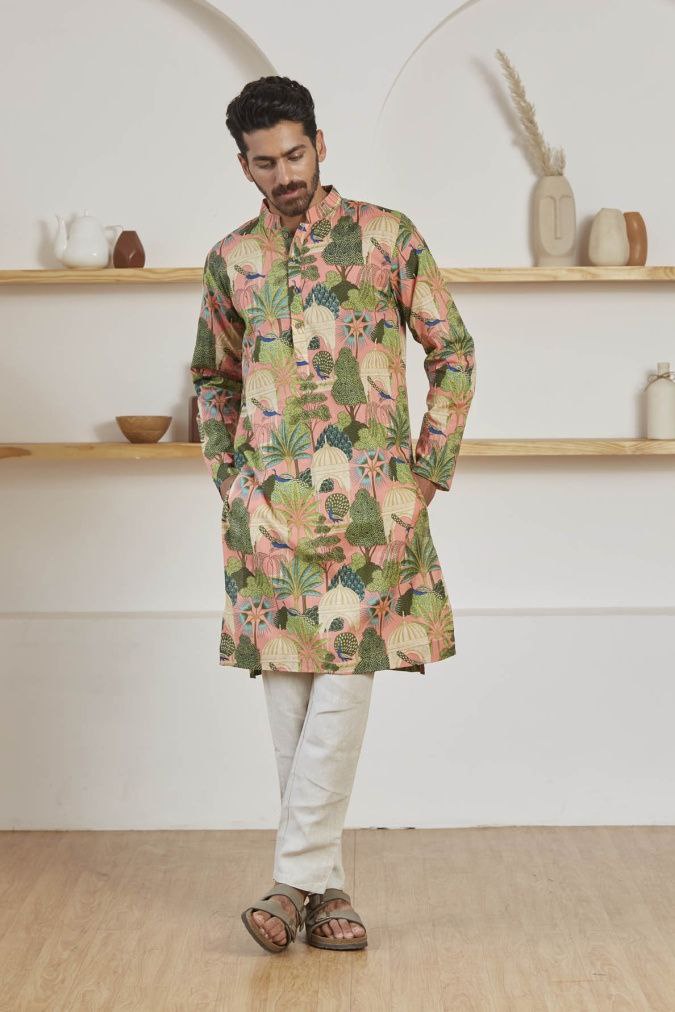 TRENDY PINK WOVEN MUGHAL GARDEN AND BIRD PRINTED KURTA WITH PAJAMA SET FOR MEN