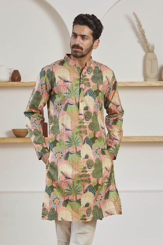 TRENDY PINK WOVEN MUGHAL GARDEN AND BIRD PRINTED KURTA WITH PAJAMA SET FOR MEN