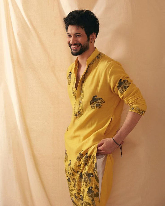 TRENDY MUSTARD PARROT CHANDERI KURTA PAJAMA SET FOR MENS