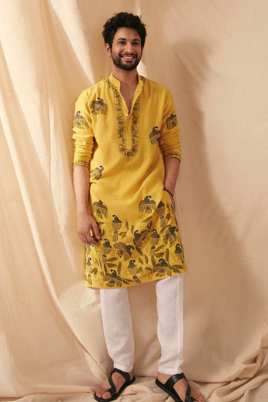 TRENDY MUSTARD PARROT CHANDERI KURTA PAJAMA SET FOR MENS