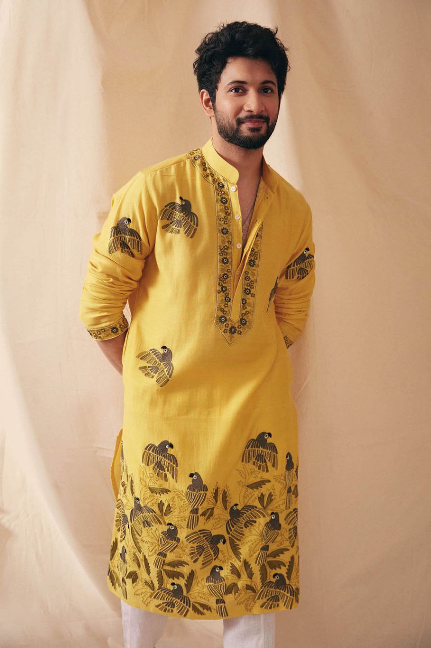 TRENDY MUSTARD PARROT CHANDERI KURTA PAJAMA SET FOR MENS
