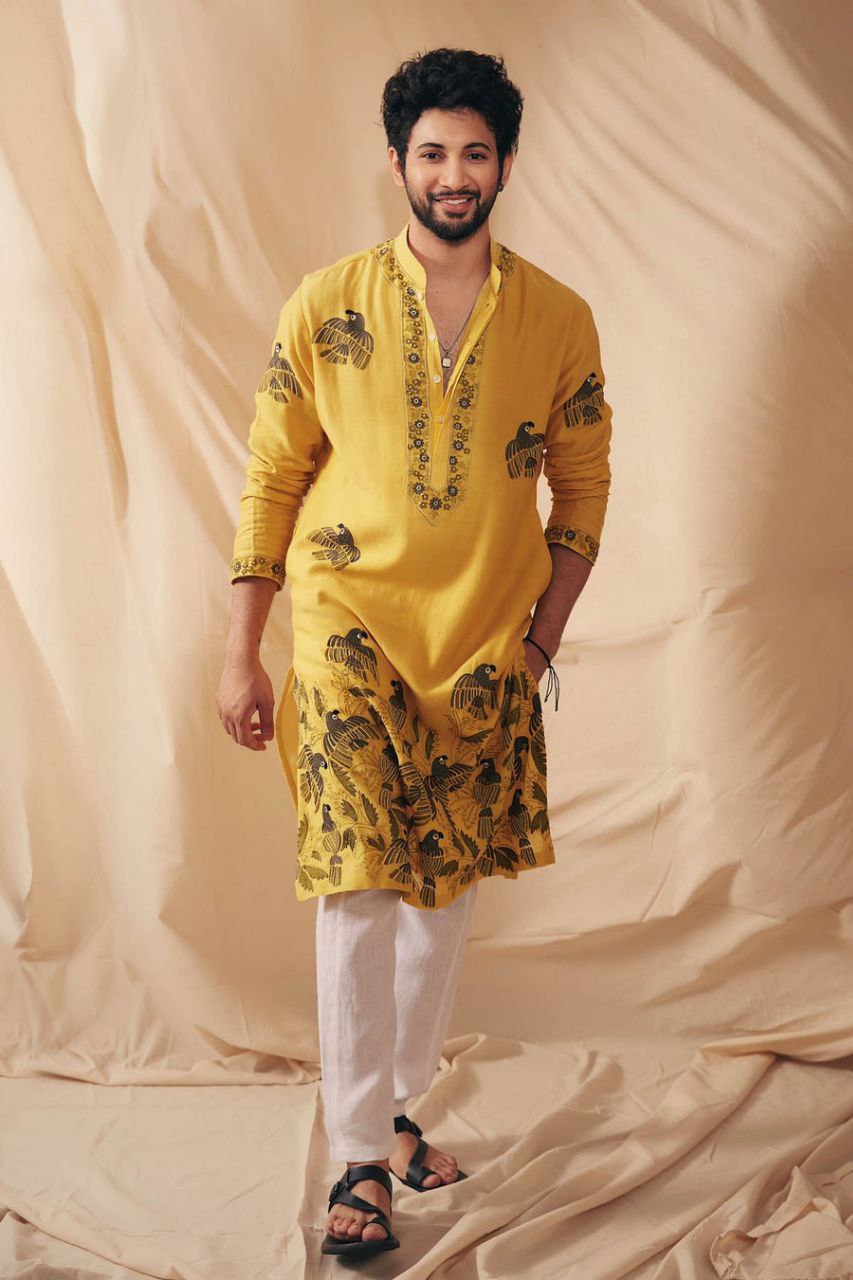 TRENDY MUSTARD PARROT CHANDERI KURTA PAJAMA SET FOR MENS