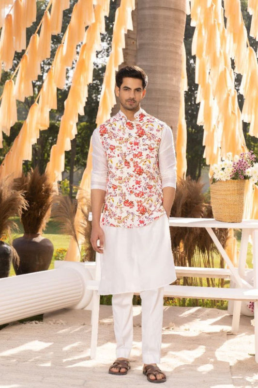 TRENDY OFF WHITE MODEL SATIN PRINTED BOTANICAL BUNDI KURTA SET