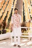TRENDY OFF WHITE MODEL SATIN PRINTED BOTANICAL BUNDI KURTA SET