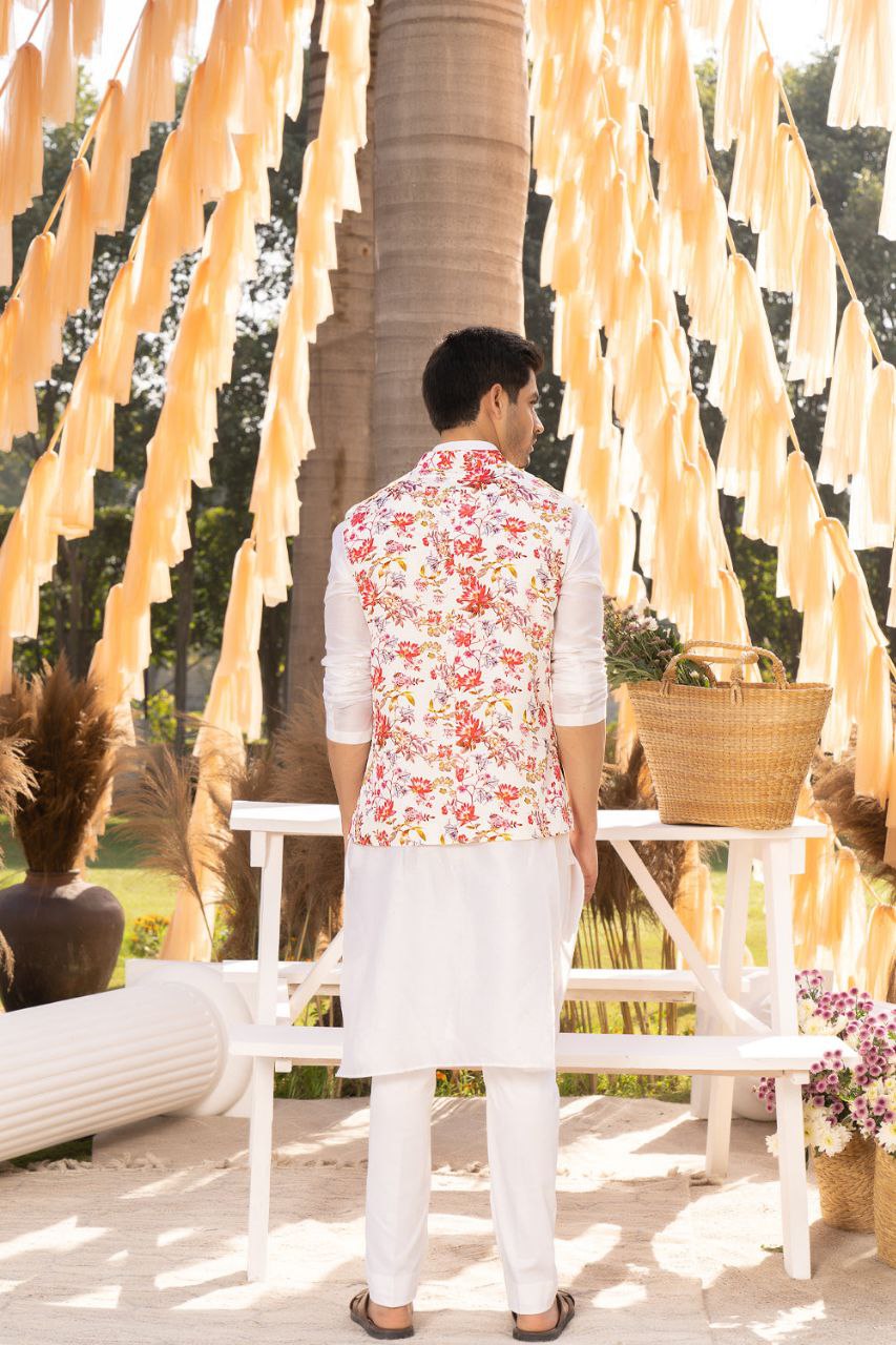 TRENDY OFF WHITE MODEL SATIN PRINTED BOTANICAL BUNDI KURTA SET