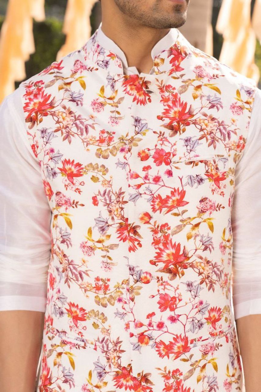 TRENDY OFF WHITE MODEL SATIN PRINTED BOTANICAL BUNDI KURTA SET