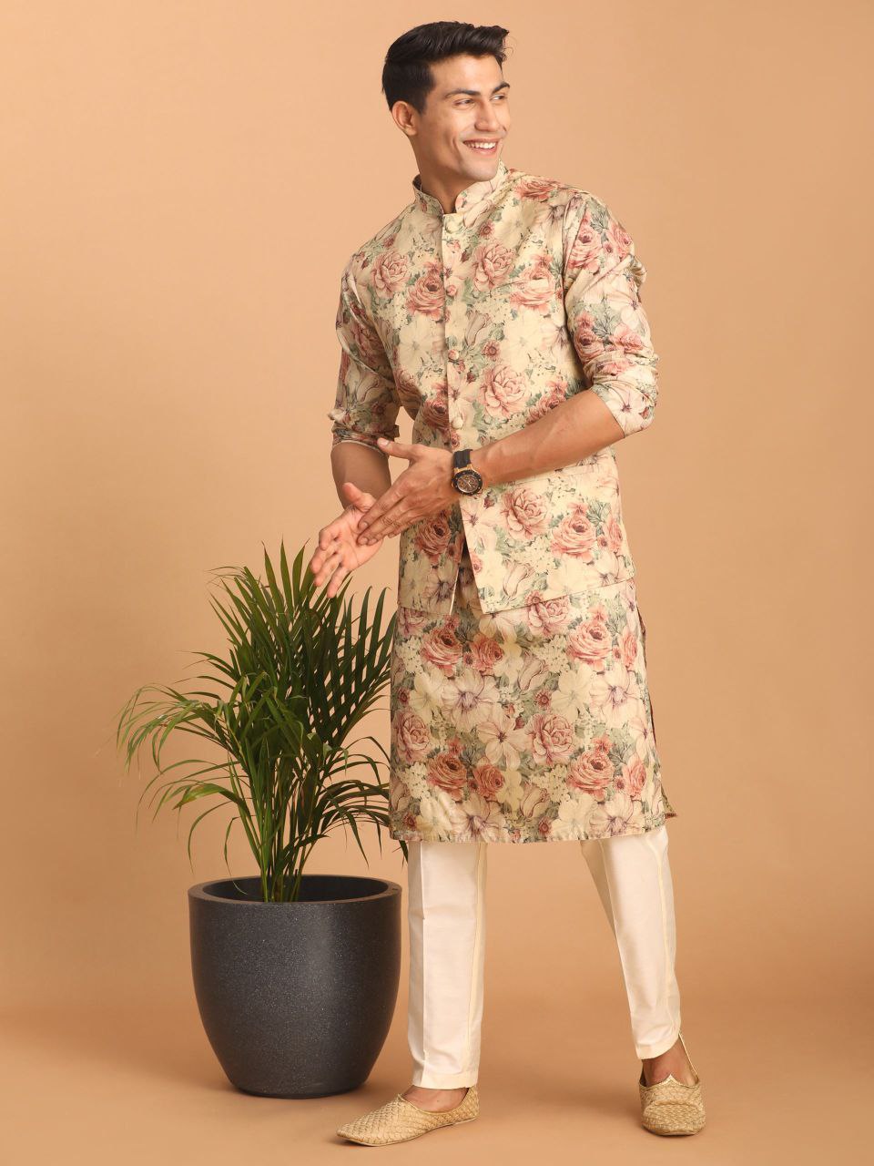 TRENDY BEIGE COLOR REGULAR FIT FLORAL PRINT KURTA & PANTS WITH NEHRU JACKET
