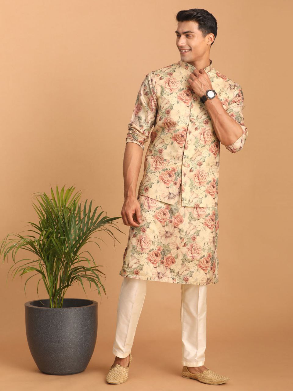 TRENDY BEIGE COLOR REGULAR FIT FLORAL PRINT KURTA & PANTS WITH NEHRU JACKET