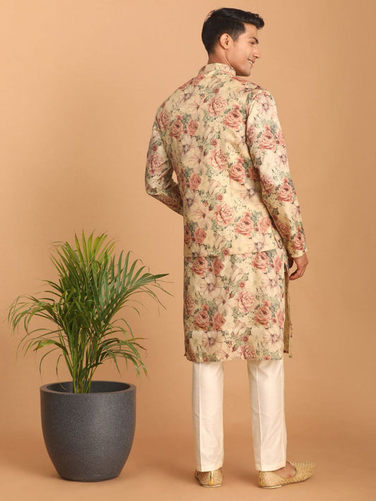 TRENDY BEIGE COLOR REGULAR FIT FLORAL PRINT KURTA & PANTS WITH NEHRU JACKET