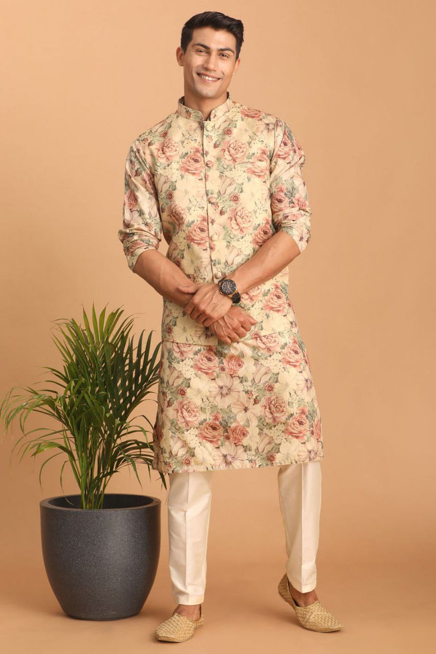 TRENDY BEIGE COLOR REGULAR FIT FLORAL PRINT KURTA & PANTS WITH NEHRU JACKET
