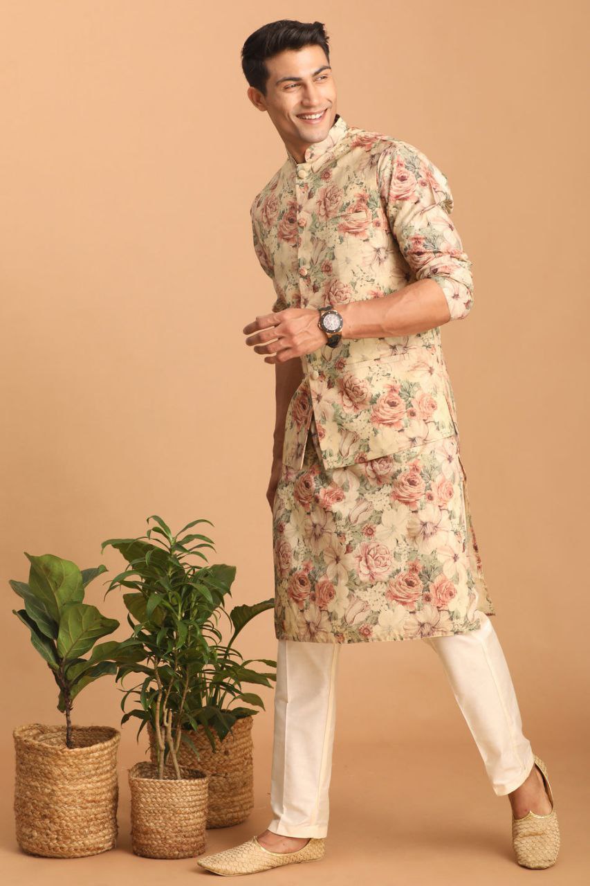 TRENDY BEIGE COLOR REGULAR FIT FLORAL PRINT KURTA & PANTS WITH NEHRU JACKET