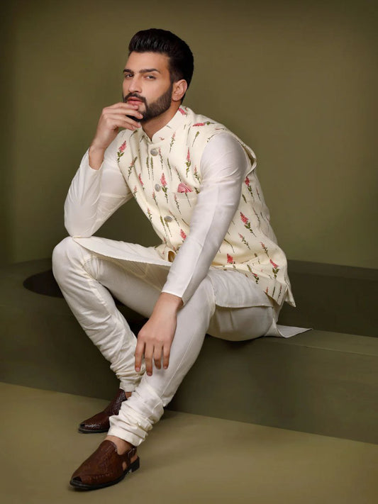 TRENDY WHITE KURTA JACKIET PRINTED BOTANICAL BUNDI KURTA SET