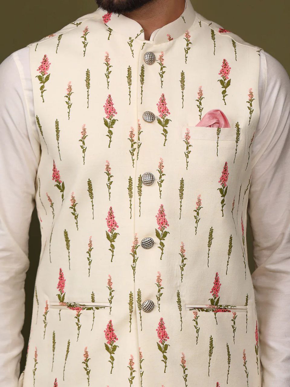 TRENDY WHITE KURTA JACKIET PRINTED BOTANICAL BUNDI KURTA SET