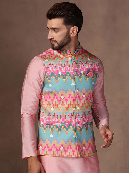 TRENDY MEN'S MULTI COLOR REGULAR FIT FLORAL PRINT KURTA PANTS WITH NEHRU JACKET