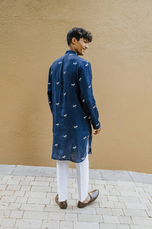 TRENDY NAVY BLUE DRAGON  FLY EMBROIDERY WORK KURTA WITH PAJAMA SET FOR MEN